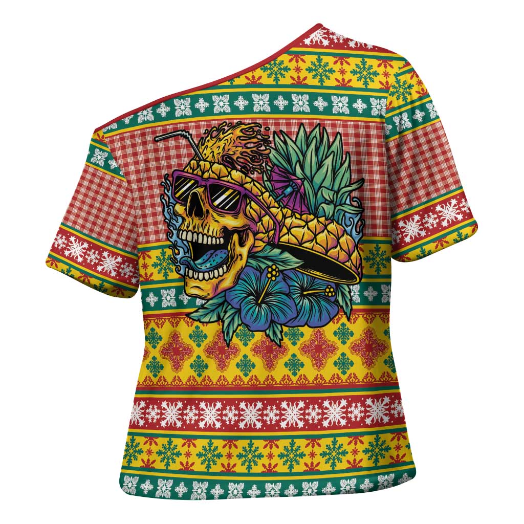 Hawaiian Pineapples Skull Cross Shoulder Shirt Mele Kalikimaka Palaka Quilt Pattern - Polynesian Pride