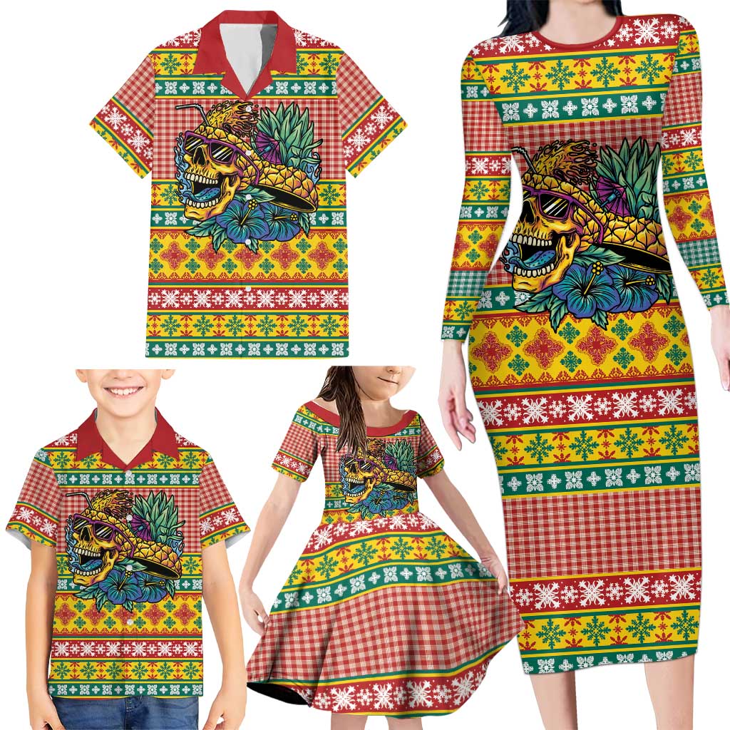 Hawaiian Pineapples Skull Family Matching Long Sleeve Bodycon Dress and Hawaiian Shirt Mele Kalikimaka Palaka Quilt Pattern LT9 - Polynesian Pride