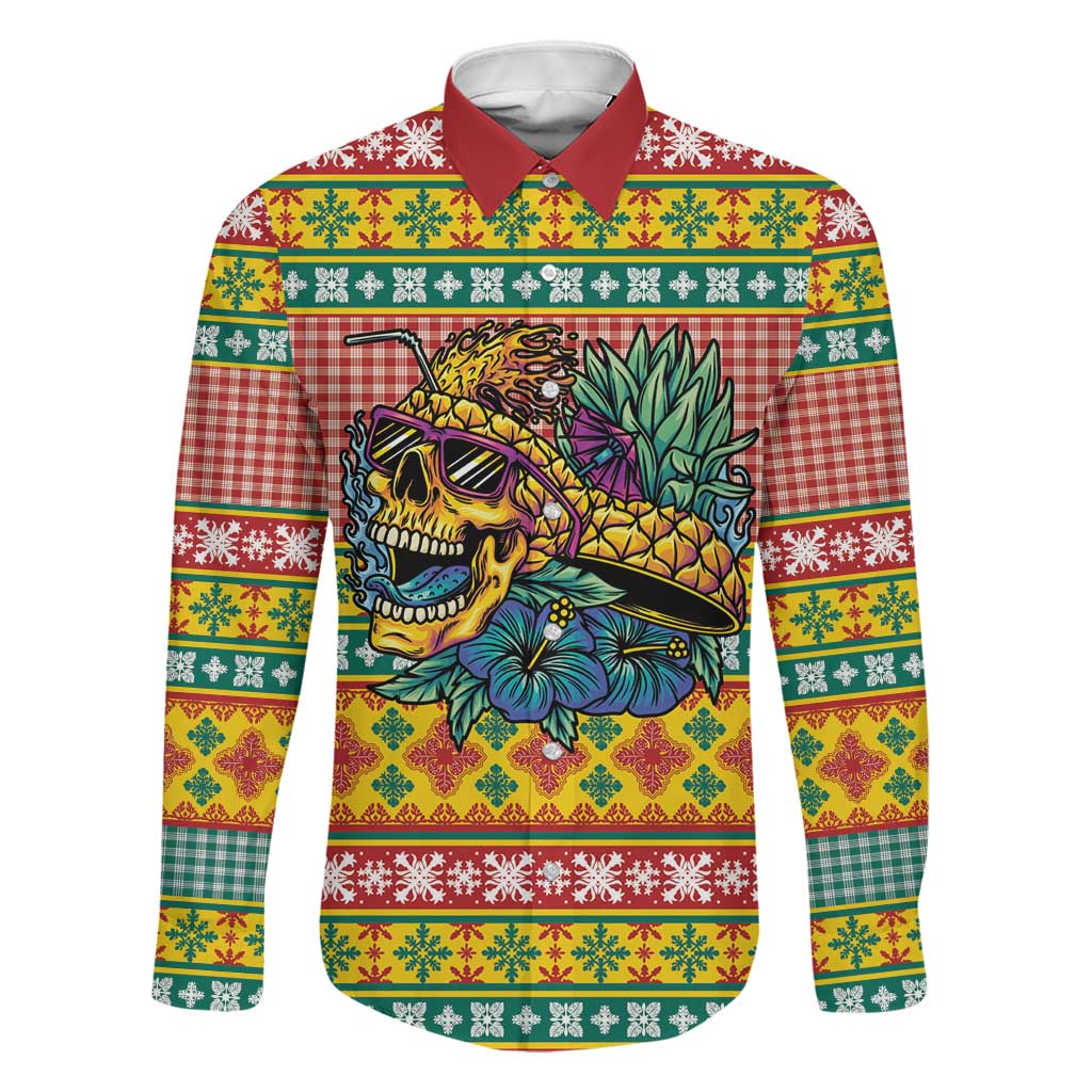 Hawaiian Pineapples Skull Family Matching Long Sleeve Bodycon Dress and Hawaiian Shirt Mele Kalikimaka Palaka Quilt Pattern LT9 Dad's Shirt - Long Sleeve Yellow - Polynesian Pride