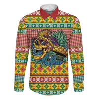 Hawaiian Pineapples Skull Family Matching Mermaid Dress and Hawaiian Shirt Mele Kalikimaka Palaka Quilt Pattern LT9 Dad's Shirt - Long Sleeve Yellow - Polynesian Pride