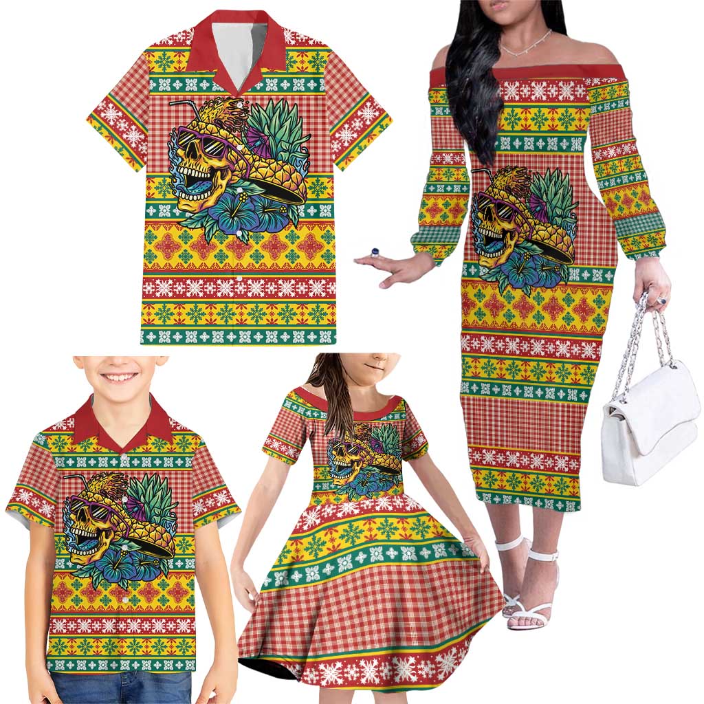 Hawaiian Pineapples Skull Family Matching Off The Shoulder Long Sleeve Dress and Hawaiian Shirt Mele Kalikimaka Palaka Quilt Pattern LT9 - Polynesian Pride