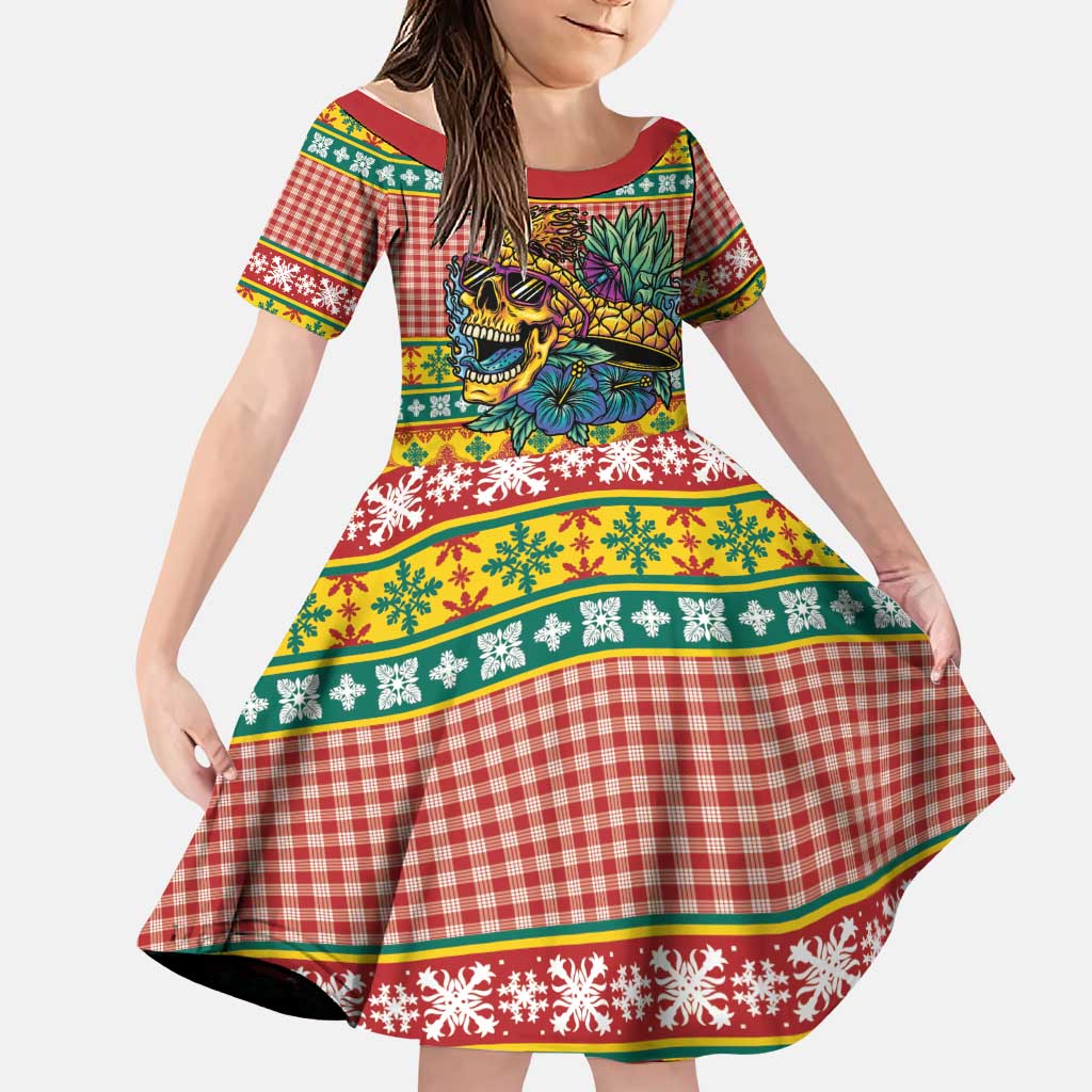 Hawaiian Pineapples Skull Family Matching Off Shoulder Maxi Dress and Hawaiian Shirt Mele Kalikimaka Palaka Quilt Pattern LT9 Daughter's Dress Yellow - Polynesian Pride