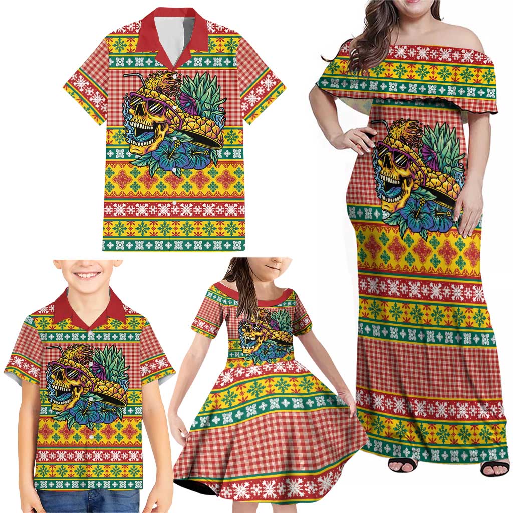 Hawaiian Pineapples Skull Family Matching Off Shoulder Maxi Dress and Hawaiian Shirt Mele Kalikimaka Palaka Quilt Pattern LT9 - Polynesian Pride