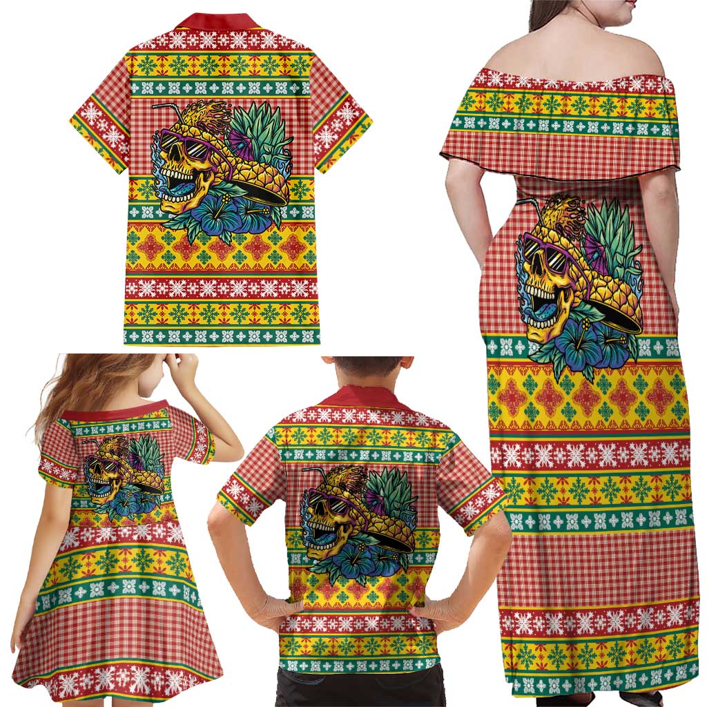 Hawaiian Pineapples Skull Family Matching Off Shoulder Maxi Dress and Hawaiian Shirt Mele Kalikimaka Palaka Quilt Pattern LT9 - Polynesian Pride