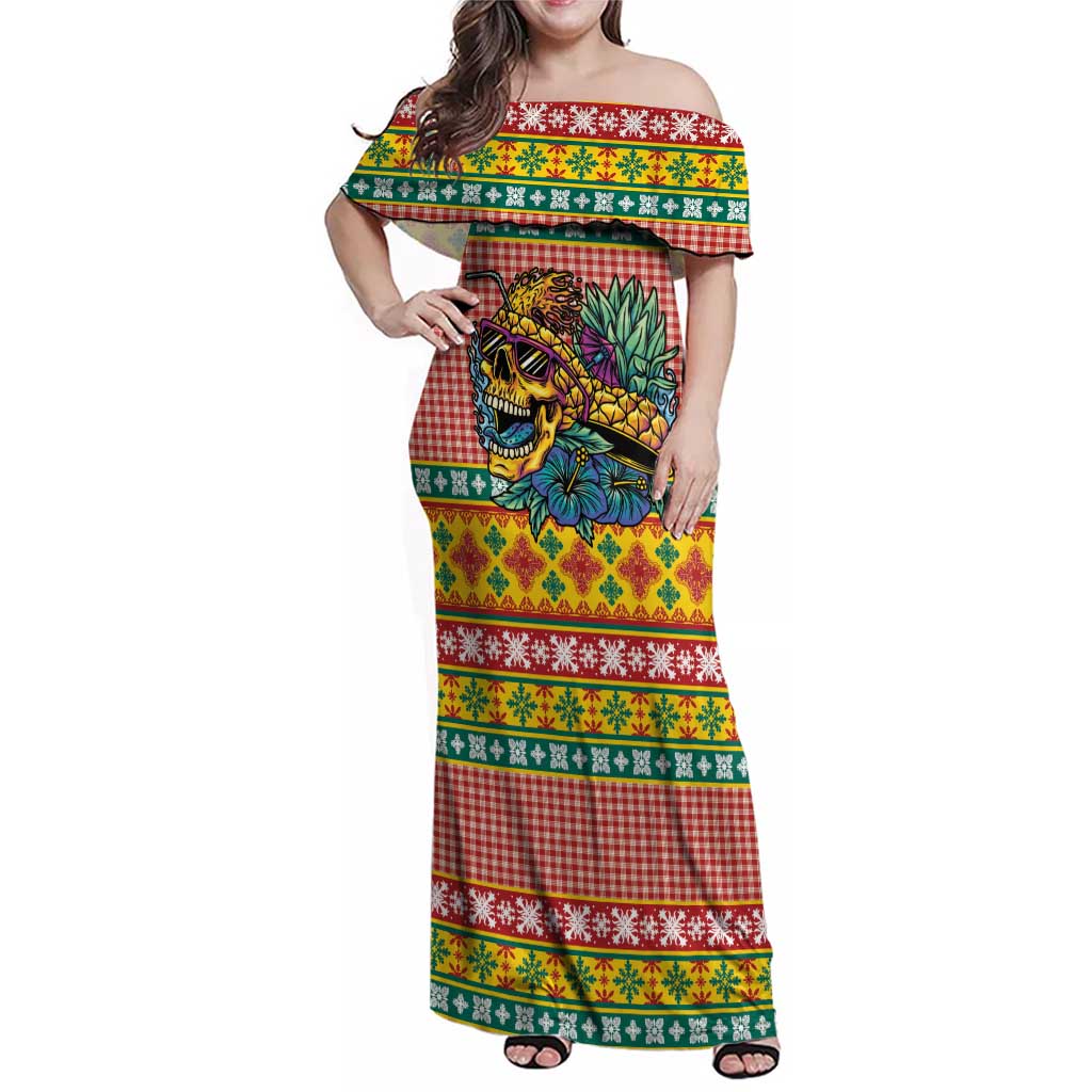Hawaiian Pineapples Skull Family Matching Off Shoulder Maxi Dress and Hawaiian Shirt Mele Kalikimaka Palaka Quilt Pattern LT9 Yellow - Polynesian Pride
