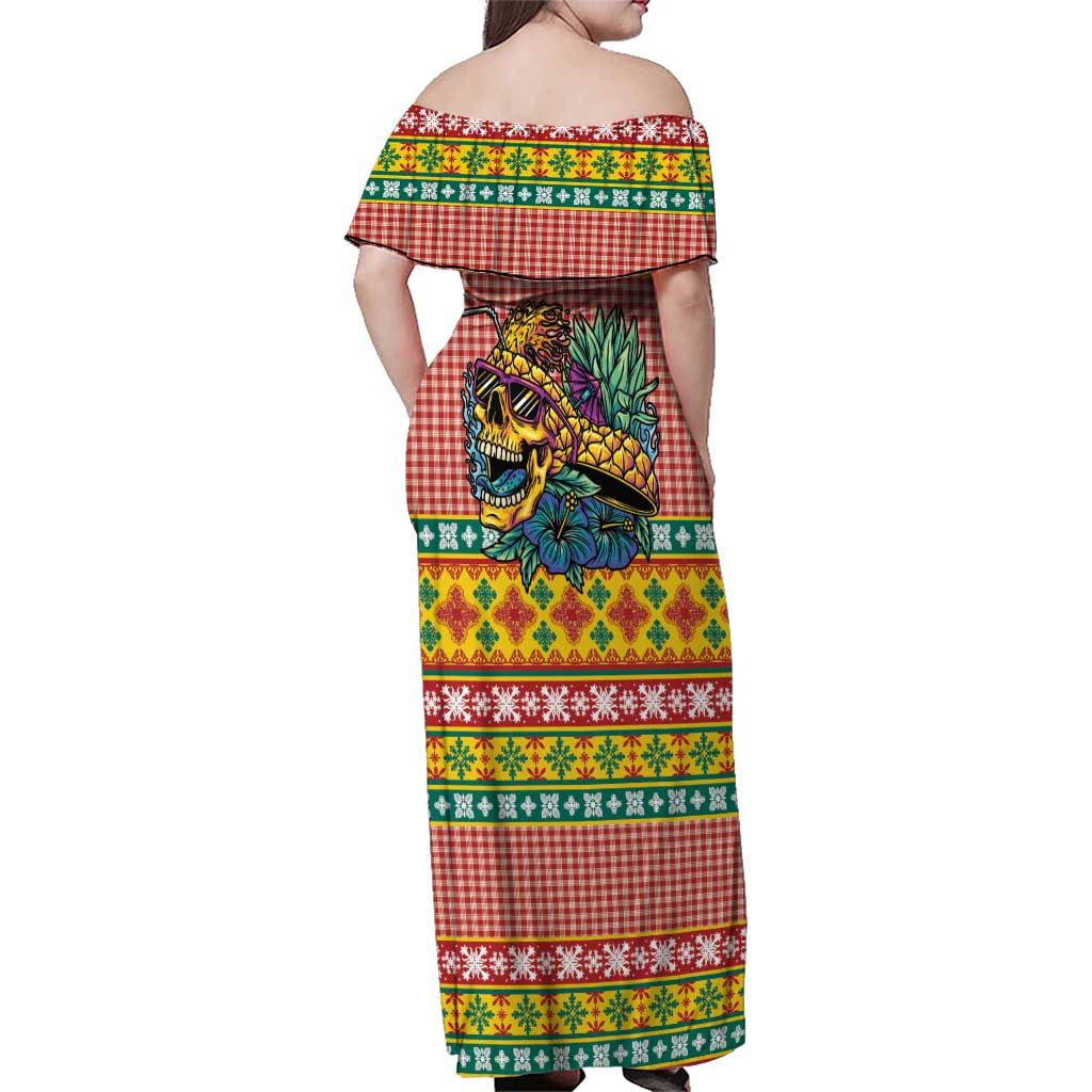 Hawaiian Pineapples Skull Family Matching Off Shoulder Maxi Dress and Hawaiian Shirt Mele Kalikimaka Palaka Quilt Pattern LT9 - Polynesian Pride