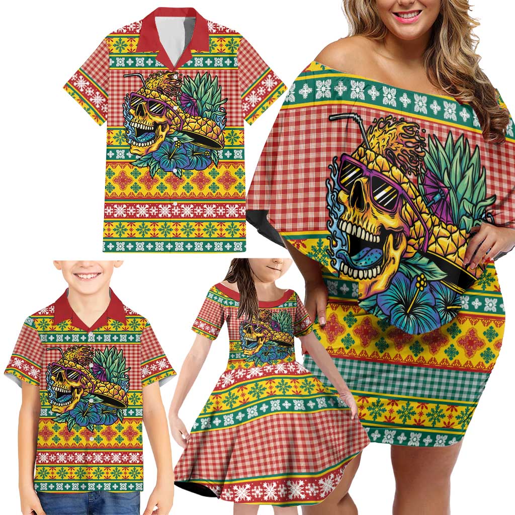 Hawaiian Pineapples Skull Family Matching Off Shoulder Short Dress and Hawaiian Shirt Mele Kalikimaka Palaka Quilt Pattern LT9 - Polynesian Pride