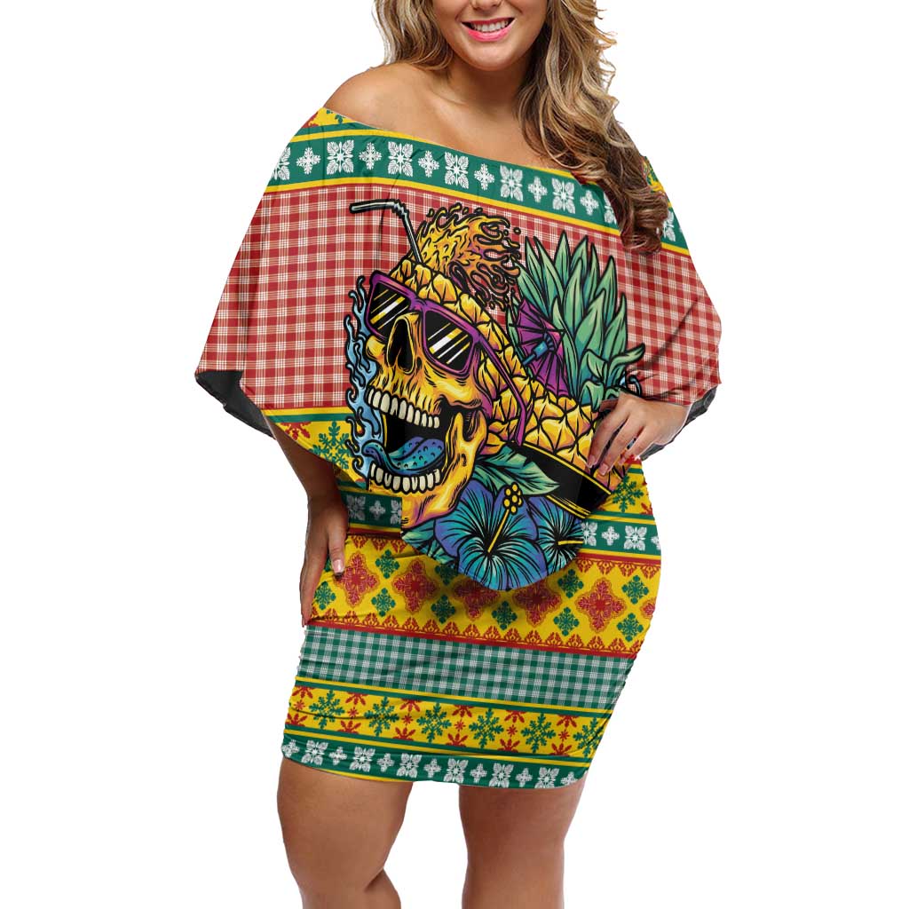 Hawaiian Pineapples Skull Family Matching Off Shoulder Short Dress and Hawaiian Shirt Mele Kalikimaka Palaka Quilt Pattern LT9 Yellow - Polynesian Pride