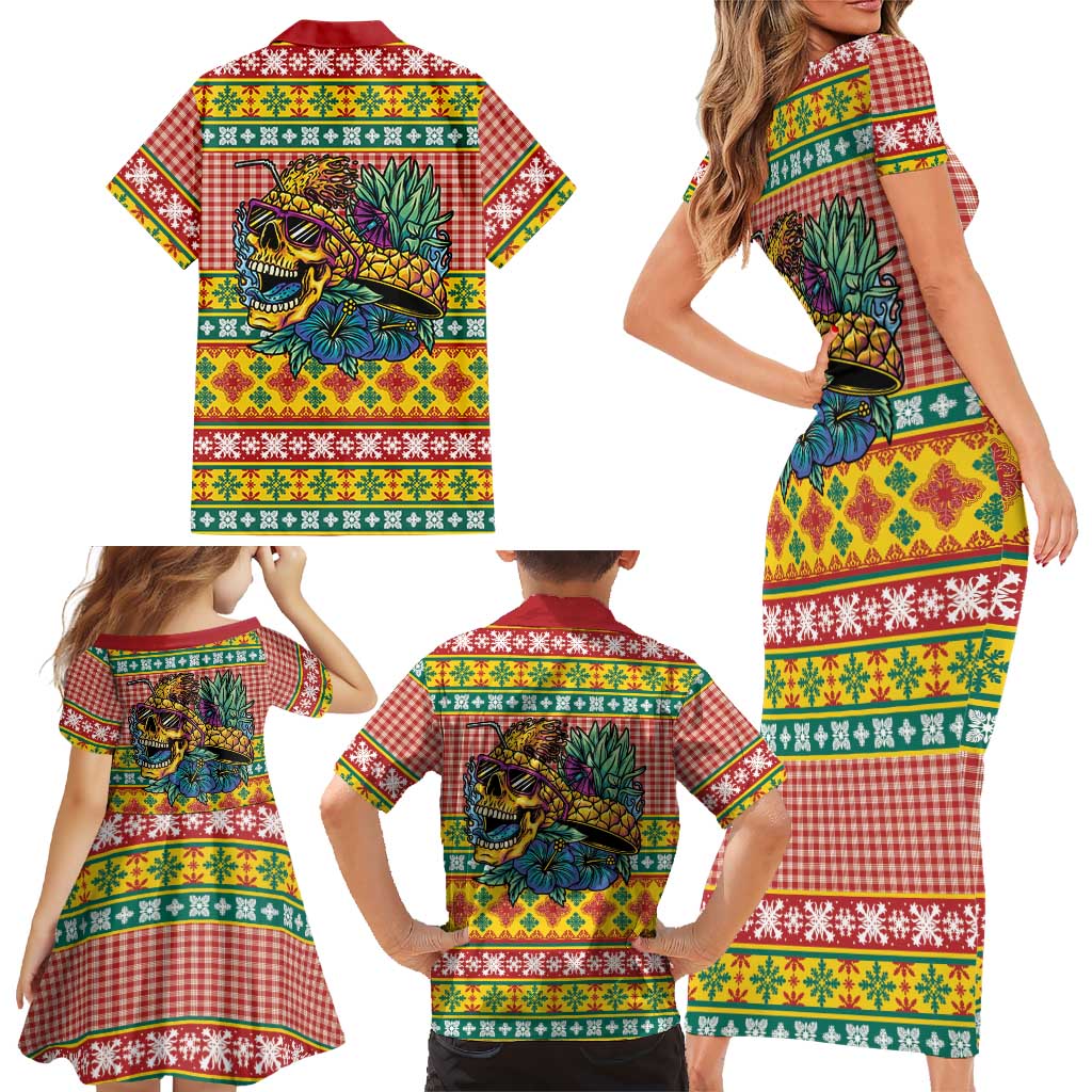 Hawaiian Pineapples Skull Family Matching Short Sleeve Bodycon Dress and Hawaiian Shirt Mele Kalikimaka Palaka Quilt Pattern LT9 - Polynesian Pride