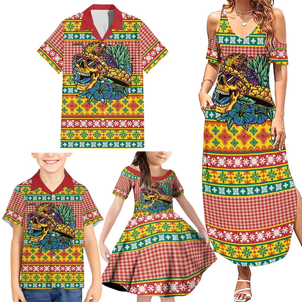 Hawaiian Pineapples Skull Family Matching Summer Maxi Dress and Hawaiian Shirt Mele Kalikimaka Palaka Quilt Pattern - Polynesian Pride