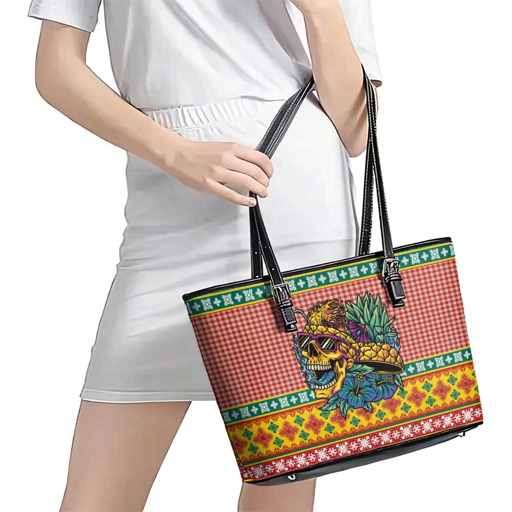 Hawaiian Pineapples Skull Leather Tote Bag Mele Kalikimaka Palaka Quilt Pattern - Polynesian Pride