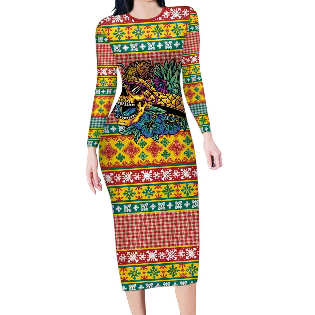 Hawaiian Pineapples Skull Long Sleeve Bodycon Dress Mele Kalikimaka Palaka Quilt Pattern LT9 Long Dress Yellow - Polynesian Pride