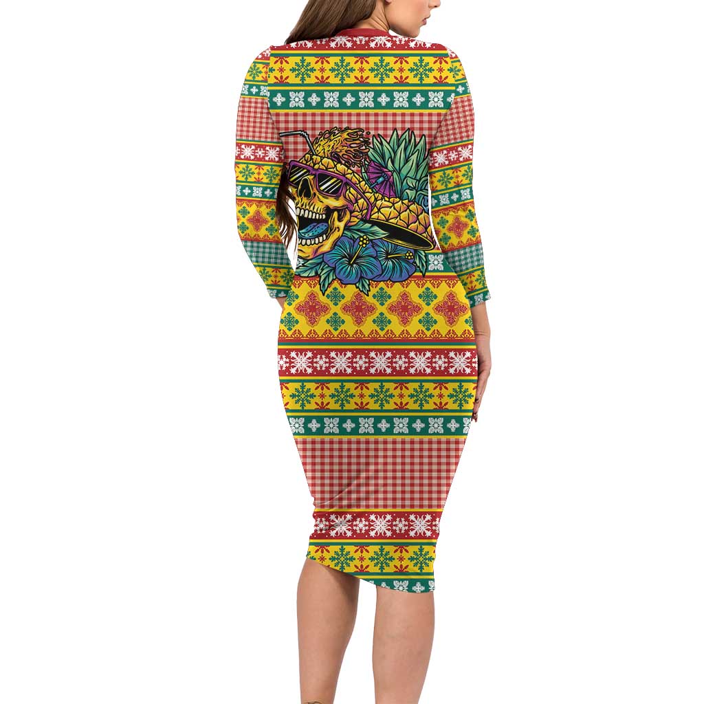 Hawaiian Pineapples Skull Long Sleeve Bodycon Dress Mele Kalikimaka Palaka Quilt Pattern LT9 - Polynesian Pride