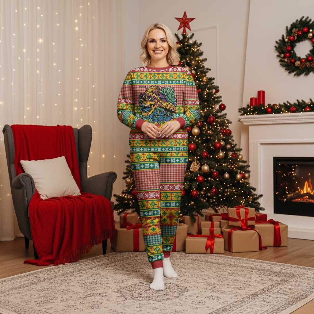 Hawaiian Pineapples Skull Christmas Pajama Set Mele Kalikimaka Palaka Quilt Pattern - Polynesian Pride