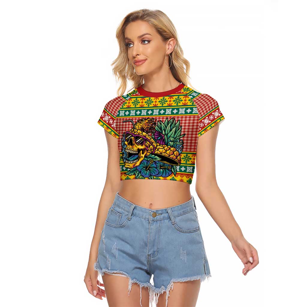 Hawaiian Pineapples Skull Raglan Cropped T Shirt Mele Kalikimaka Palaka Quilt Pattern - Polynesian Pride