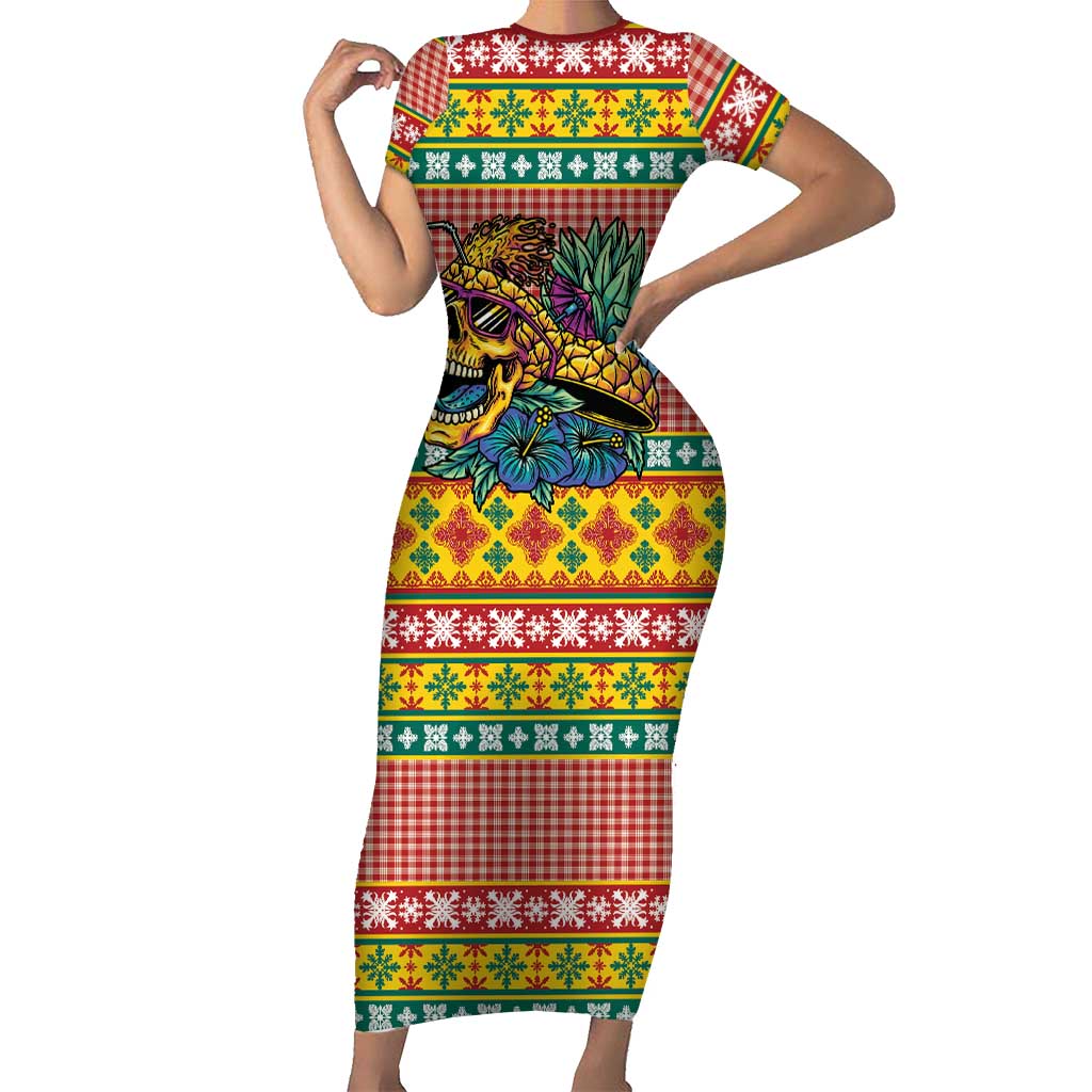 Hawaiian Pineapples Skull Short Sleeve Bodycon Dress Mele Kalikimaka Palaka Quilt Pattern - Polynesian Pride
