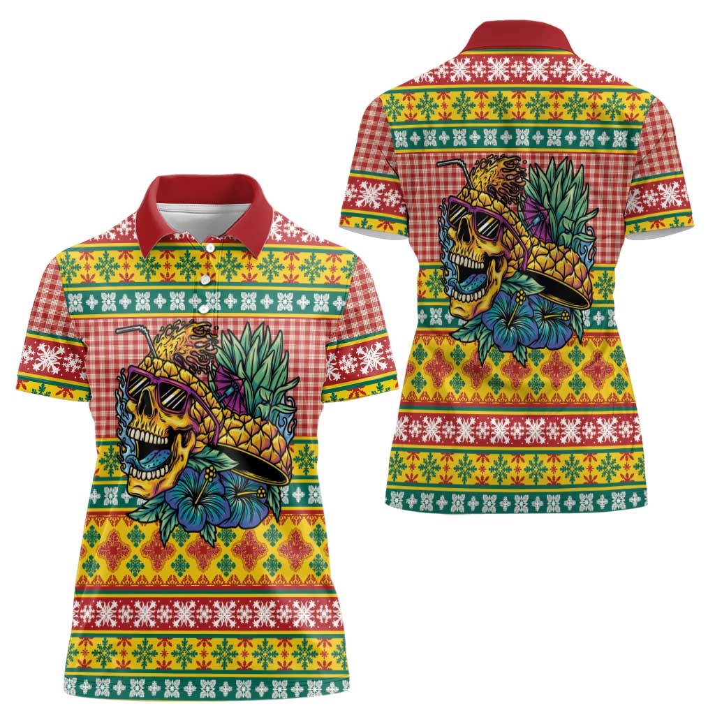 Hawaiian Pineapples Skull Women Polo Shirt Mele Kalikimaka Palaka Quilt Pattern - Polynesian Pride