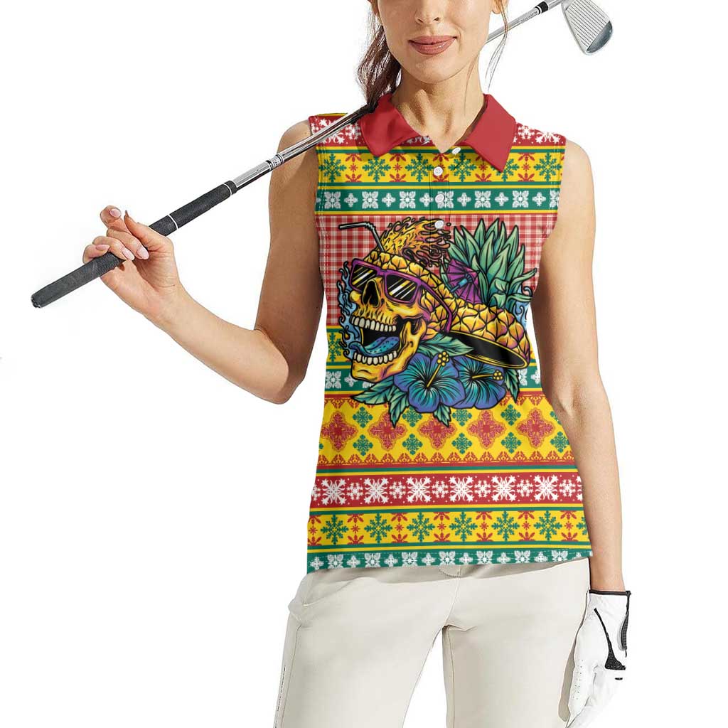 Hawaiian Pineapples Skull Women Sleeveless Polo Shirt Mele Kalikimaka Palaka Quilt Pattern - Polynesian Pride