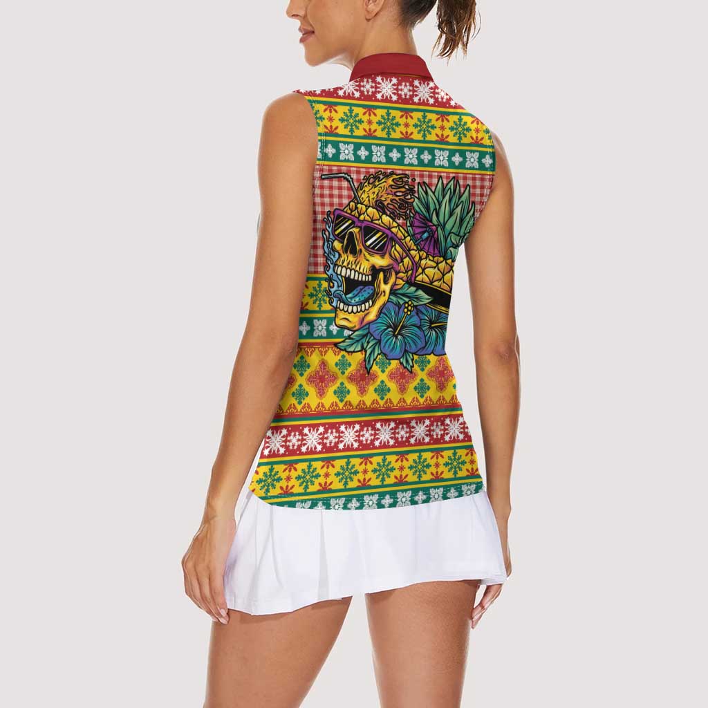 Hawaiian Pineapples Skull Women Sleeveless Polo Shirt Mele Kalikimaka Palaka Quilt Pattern - Polynesian Pride