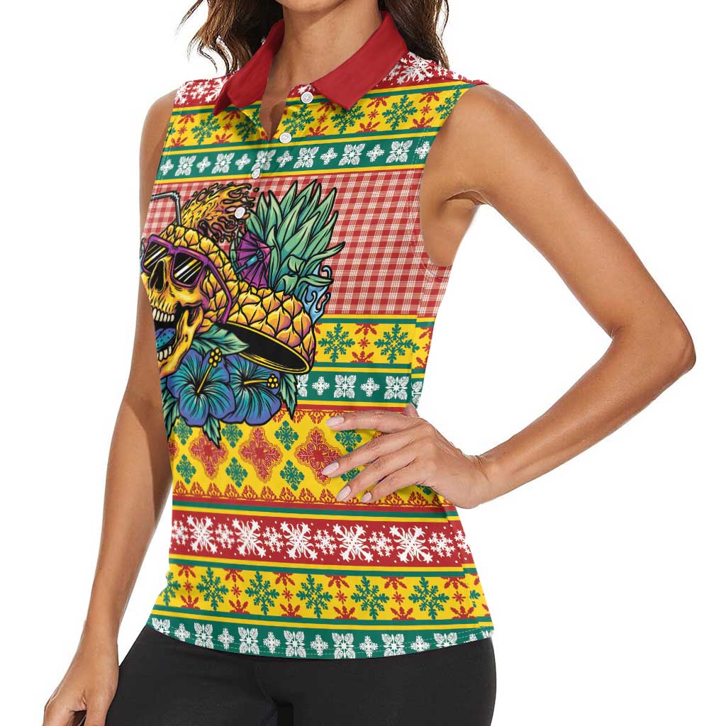 Hawaiian Pineapples Skull Women Sleeveless Polo Shirt Mele Kalikimaka Palaka Quilt Pattern - Polynesian Pride