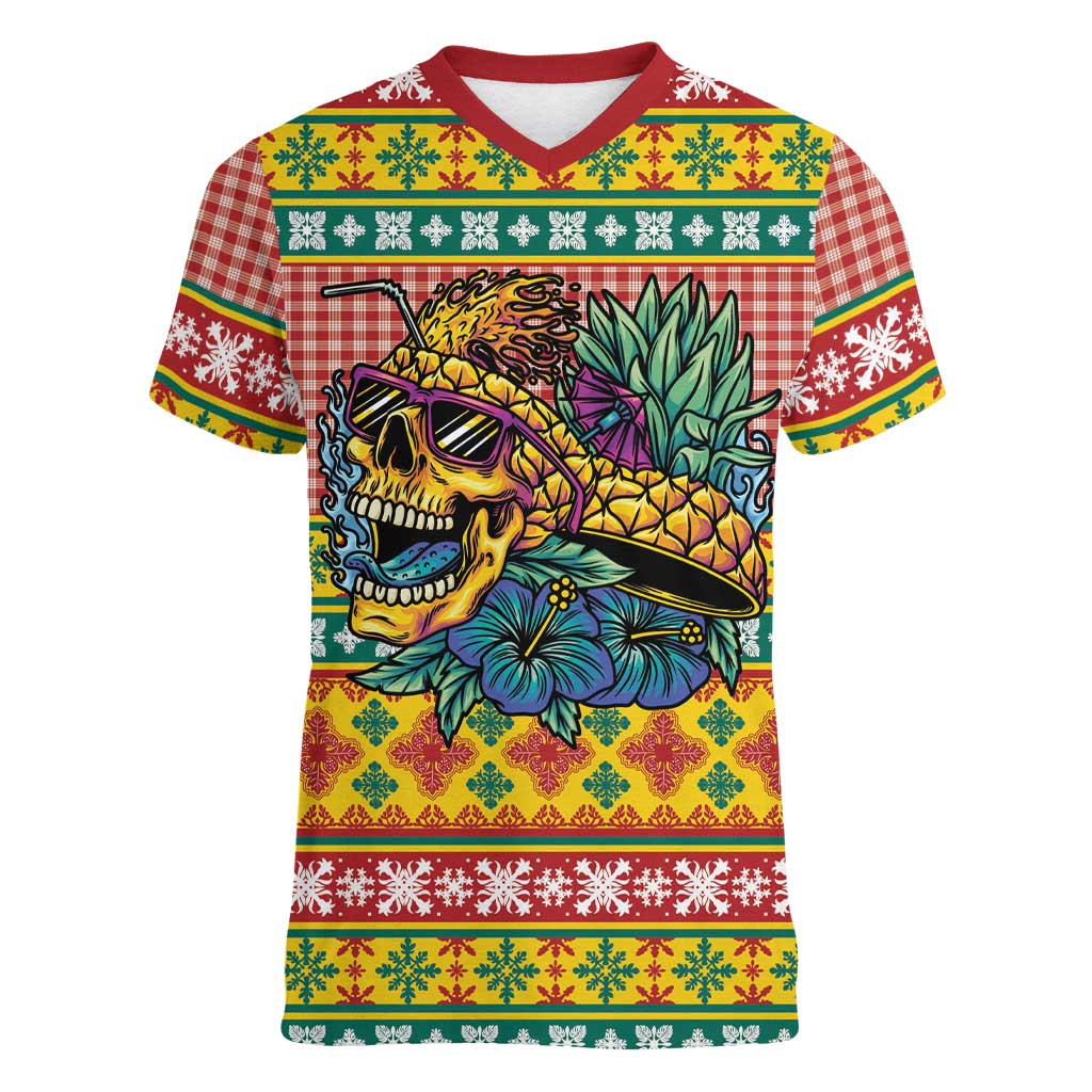 Hawaiian Pineapples Skull Women V-Neck T-Shirt Mele Kalikimaka Palaka Quilt Pattern - Polynesian Pride