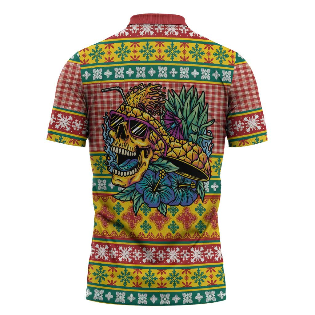 Hawaiian Pineapples Skull Zipper Polo Shirt Mele Kalikimaka Palaka Quilt Pattern - Polynesian Pride