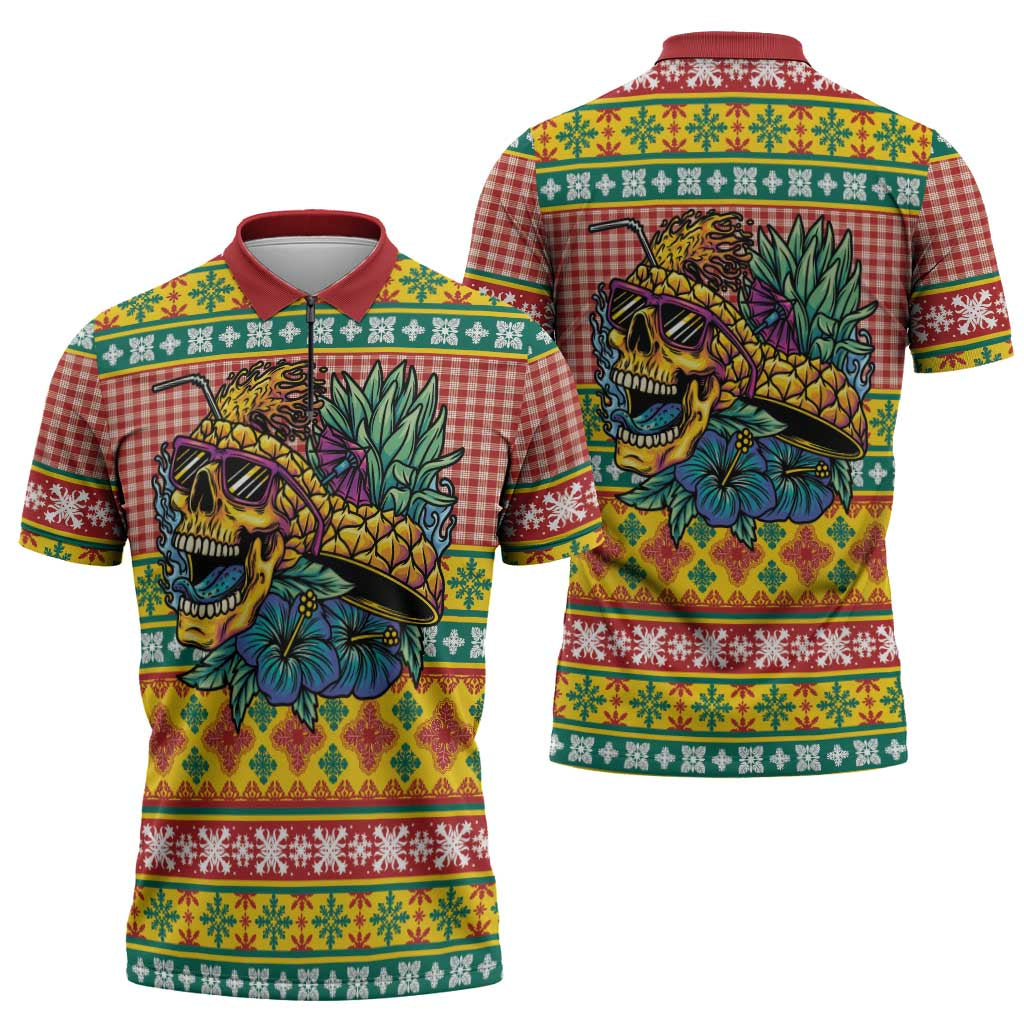 Hawaiian Pineapples Skull Zipper Polo Shirt Mele Kalikimaka Palaka Quilt Pattern - Polynesian Pride