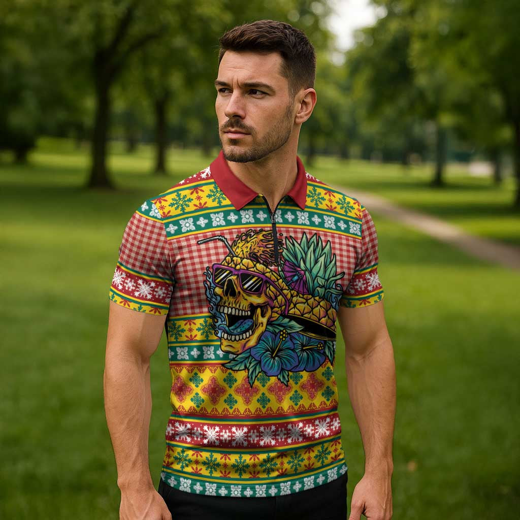 Hawaiian Pineapples Skull Zipper Polo Shirt Mele Kalikimaka Palaka Quilt Pattern - Polynesian Pride