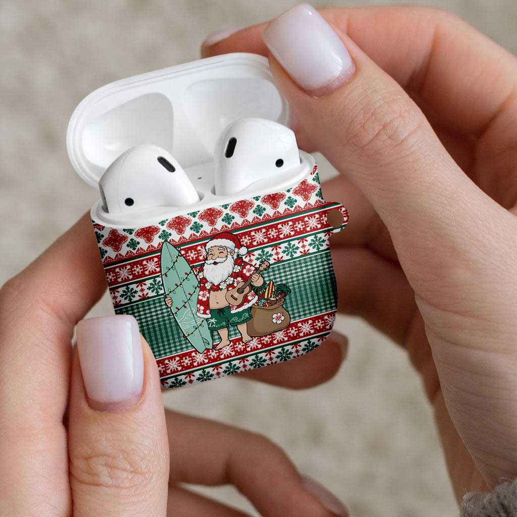 Hawaiian Funny Santa Surf AirPods Case Mele Kalikimaka Palaka Quilt Pattern - Polynesian Pride