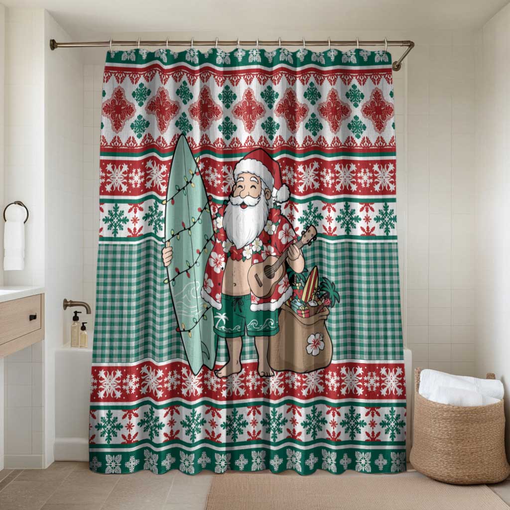 Hawaiian Funny Santa Surf Bathroom Set Mele Kalikimaka Palaka Quilt Pattern LT9 Shower Curtain Only Green - Polynesian Pride