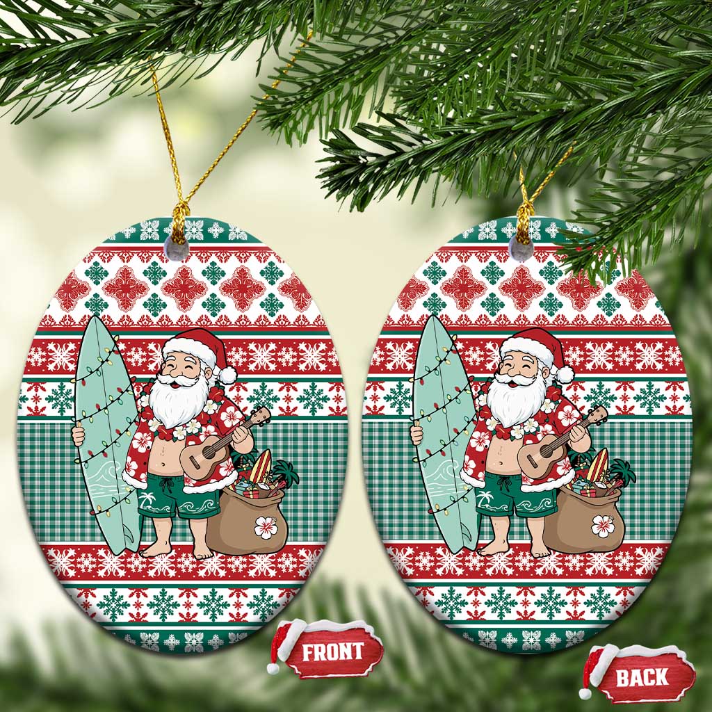 Hawaiian Funny Santa Surf Ceramic Ornament Mele Kalikimaka Palaka Quilt Pattern LT9 Oval Green - Polynesian Pride