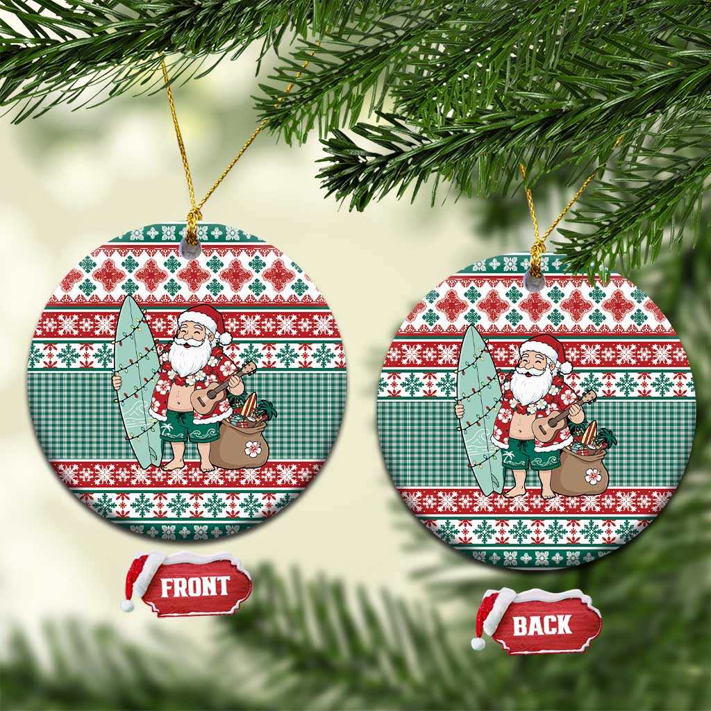 Hawaiian Funny Santa Surf Ceramic Ornament Mele Kalikimaka Palaka Quilt Pattern LT9 Circle Green - Polynesian Pride
