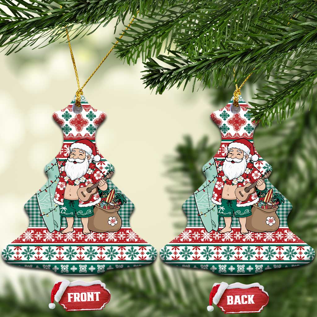 Hawaiian Funny Santa Surf Ceramic Ornament Mele Kalikimaka Palaka Quilt Pattern LT9 Christmas Tree Green - Polynesian Pride