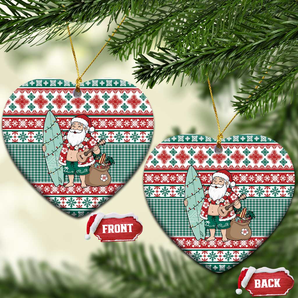 Hawaiian Funny Santa Surf Ceramic Ornament Mele Kalikimaka Palaka Quilt Pattern LT9 Heart Green - Polynesian Pride