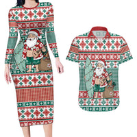 Hawaiian Funny Santa Surf Couples Matching Long Sleeve Bodycon Dress and Hawaiian Shirt Mele Kalikimaka Palaka Quilt Pattern LT9 Green - Polynesian Pride