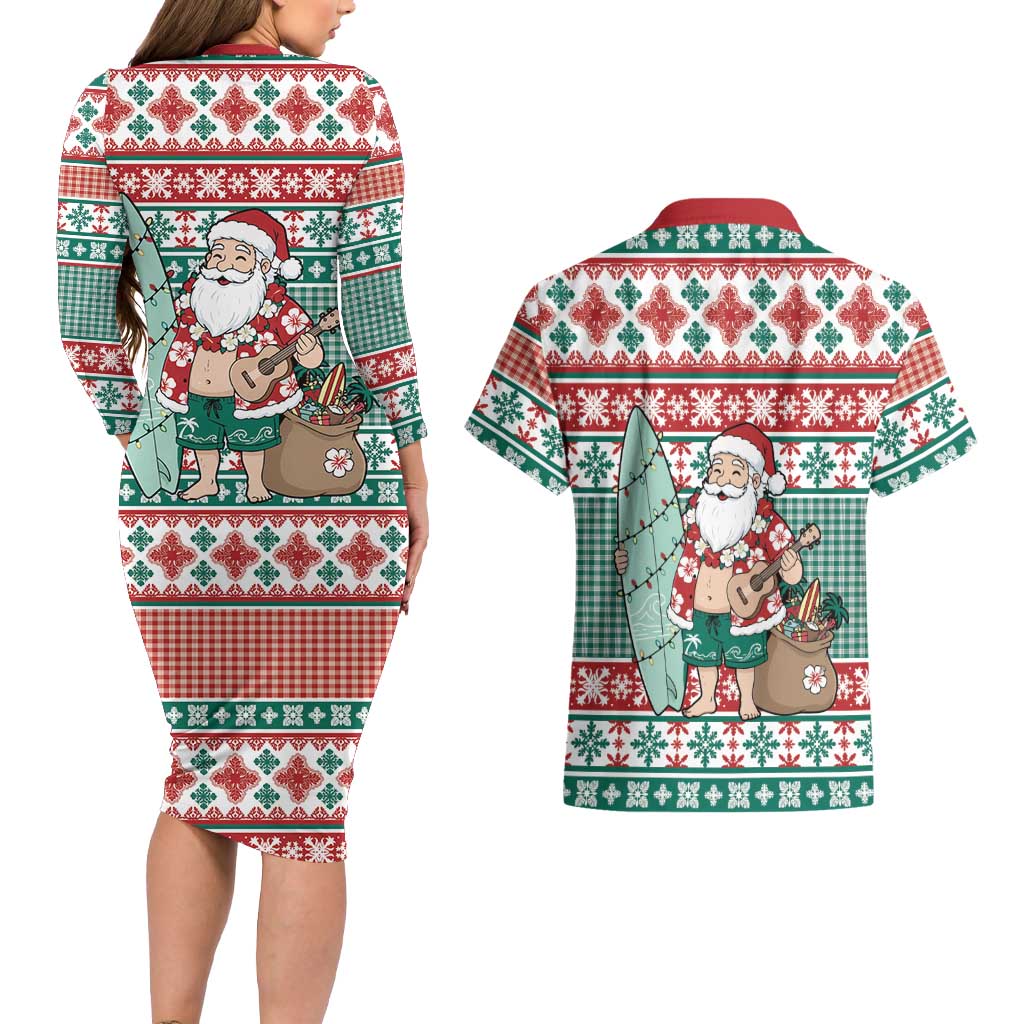 Hawaiian Funny Santa Surf Couples Matching Long Sleeve Bodycon Dress and Hawaiian Shirt Mele Kalikimaka Palaka Quilt Pattern LT9 - Polynesian Pride