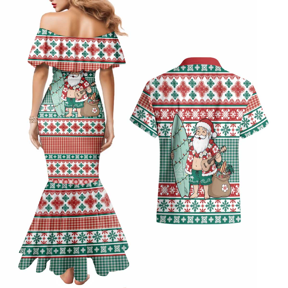 Hawaiian Funny Santa Surf Couples Matching Mermaid Dress and Hawaiian Shirt Mele Kalikimaka Palaka Quilt Pattern LT9 - Polynesian Pride