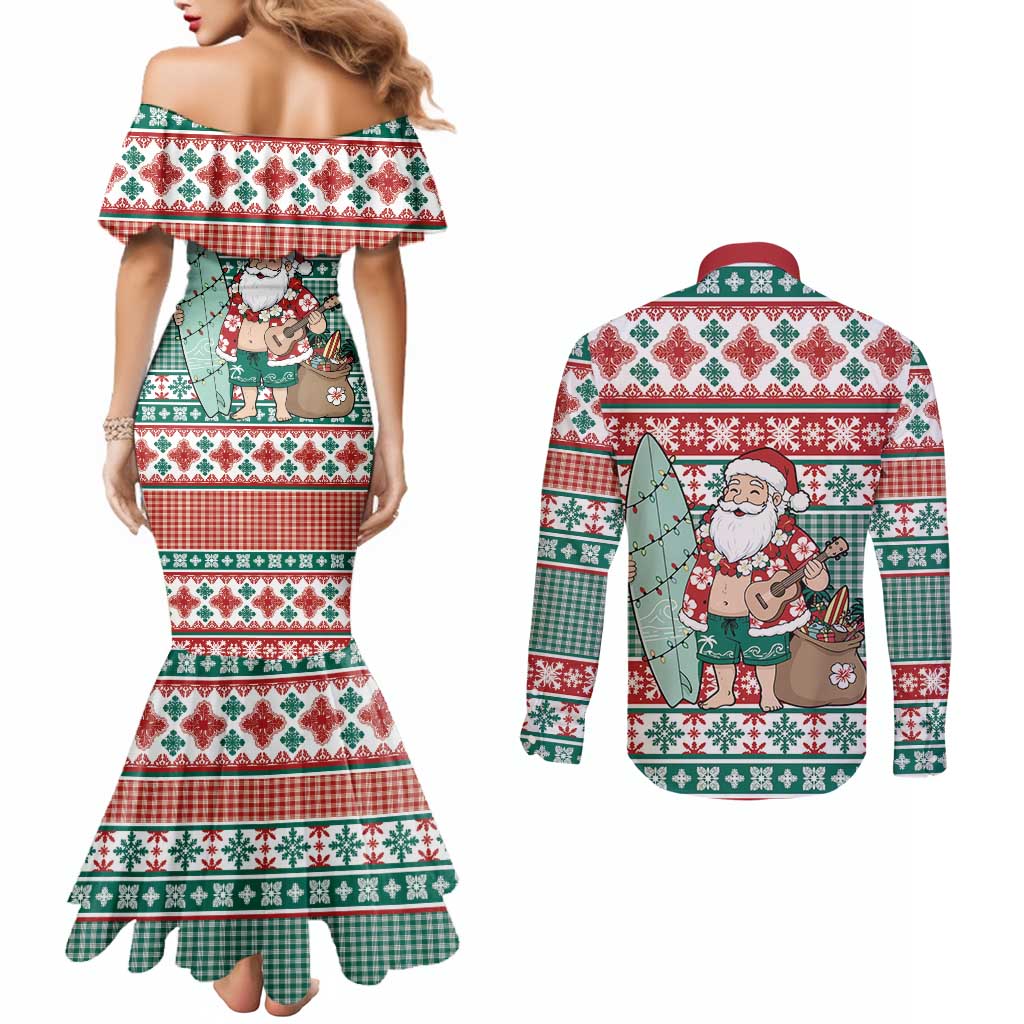 Hawaiian Funny Santa Surf Couples Matching Mermaid Dress and Long Sleeve Button Shirt Mele Kalikimaka Palaka Quilt Pattern LT9 - Polynesian Pride