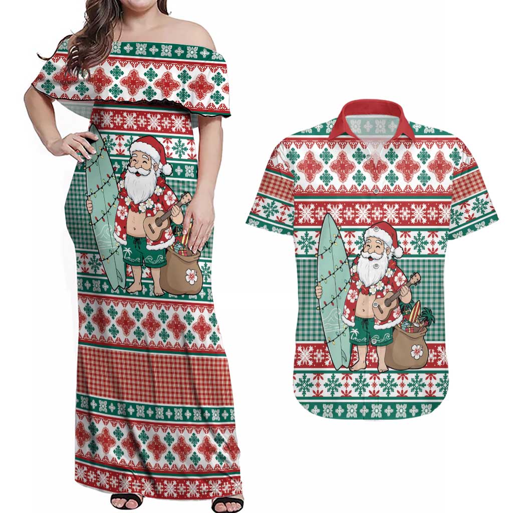 Hawaiian Funny Santa Surf Couples Matching Off Shoulder Maxi Dress and Hawaiian Shirt Mele Kalikimaka Palaka Quilt Pattern LT9 Green - Polynesian Pride