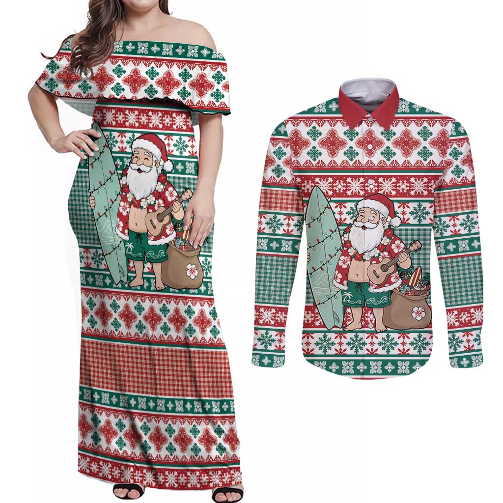 Hawaiian Funny Santa Surf Couples Matching Off Shoulder Maxi Dress and Long Sleeve Button Shirt Mele Kalikimaka Palaka Quilt Pattern LT9 Green - Polynesian Pride