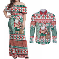 Hawaiian Funny Santa Surf Couples Matching Off Shoulder Maxi Dress and Long Sleeve Button Shirt Mele Kalikimaka Palaka Quilt Pattern LT9 Green - Polynesian Pride