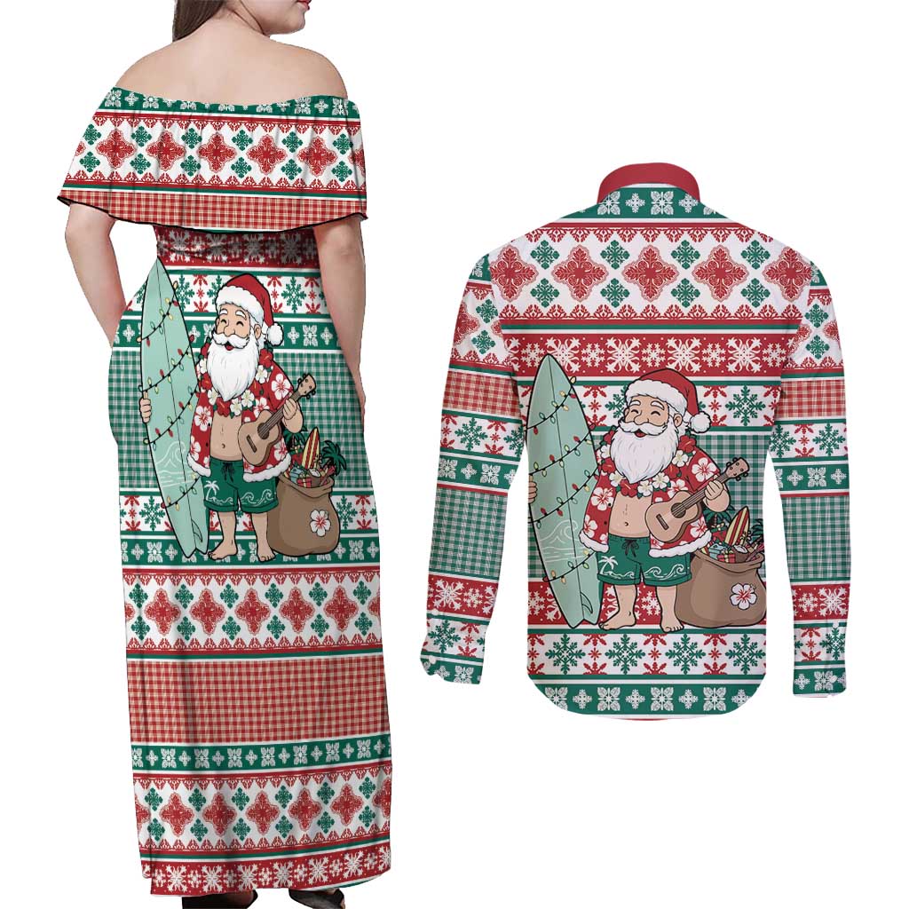 Hawaiian Funny Santa Surf Couples Matching Off Shoulder Maxi Dress and Long Sleeve Button Shirt Mele Kalikimaka Palaka Quilt Pattern LT9 - Polynesian Pride