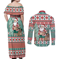 Hawaiian Funny Santa Surf Couples Matching Off Shoulder Maxi Dress and Long Sleeve Button Shirt Mele Kalikimaka Palaka Quilt Pattern LT9 - Polynesian Pride