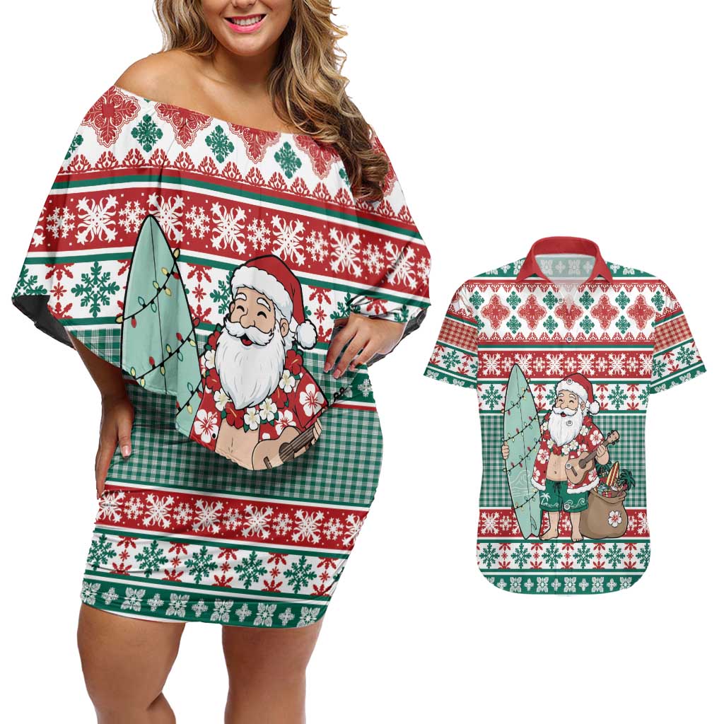 Hawaiian Funny Santa Surf Couples Matching Off Shoulder Short Dress and Hawaiian Shirt Mele Kalikimaka Palaka Quilt Pattern LT9 Green - Polynesian Pride