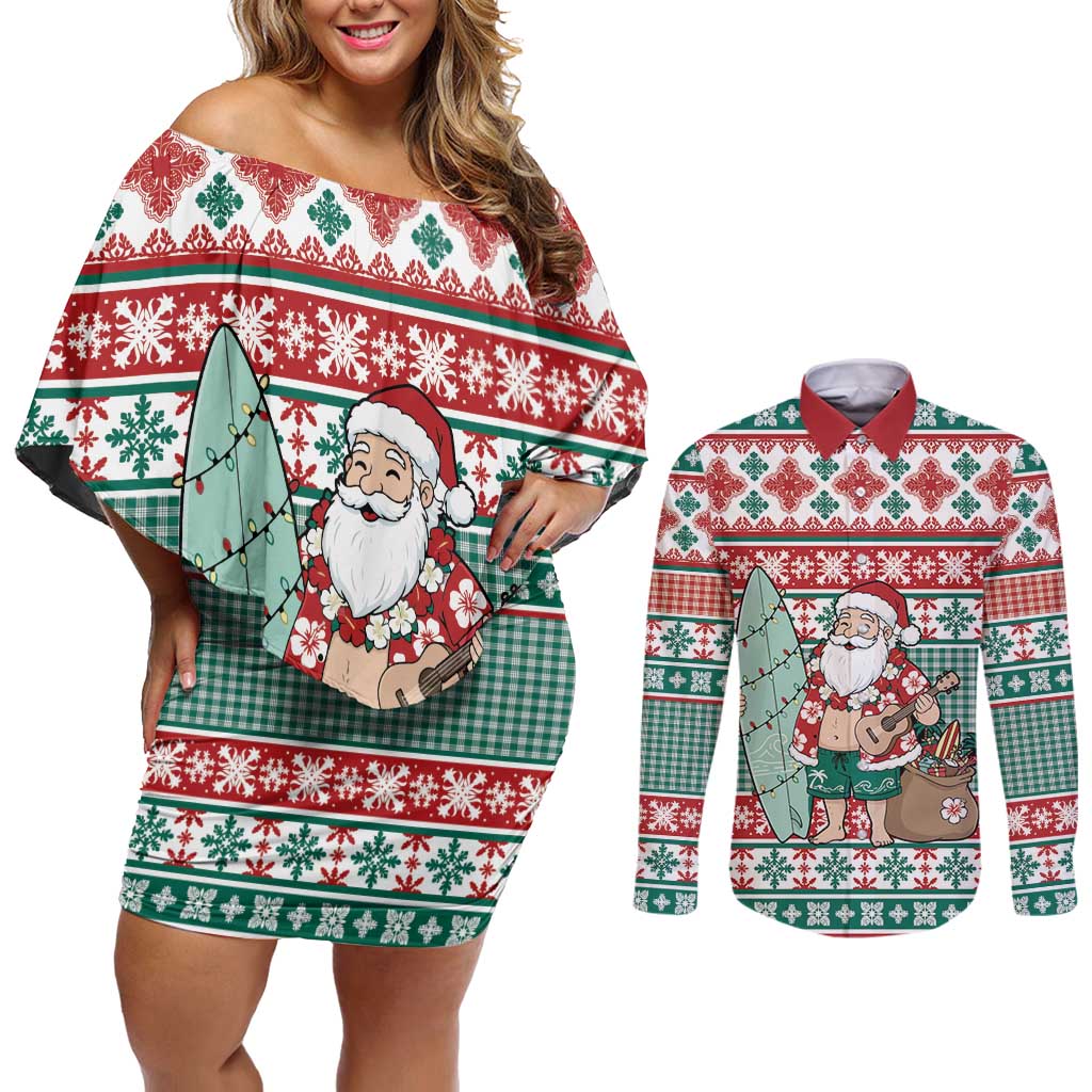 Hawaiian Funny Santa Surf Couples Matching Off Shoulder Short Dress and Long Sleeve Button Shirt Mele Kalikimaka Palaka Quilt Pattern LT9 Green - Polynesian Pride