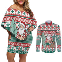 Hawaiian Funny Santa Surf Couples Matching Off Shoulder Short Dress and Long Sleeve Button Shirt Mele Kalikimaka Palaka Quilt Pattern LT9 Green - Polynesian Pride