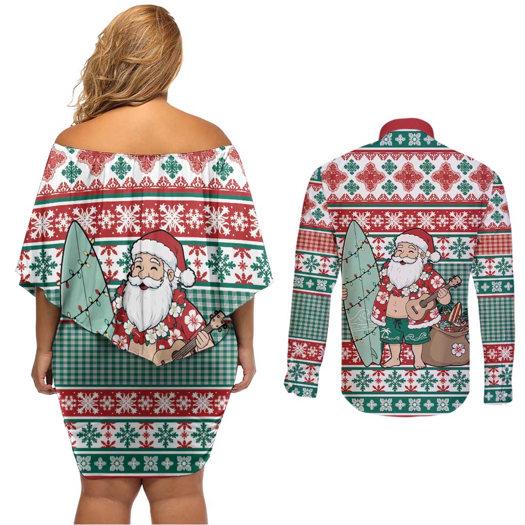 Hawaiian Funny Santa Surf Couples Matching Off Shoulder Short Dress and Long Sleeve Button Shirt Mele Kalikimaka Palaka Quilt Pattern LT9 - Polynesian Pride