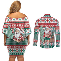 Hawaiian Funny Santa Surf Couples Matching Off Shoulder Short Dress and Long Sleeve Button Shirt Mele Kalikimaka Palaka Quilt Pattern LT9 - Polynesian Pride