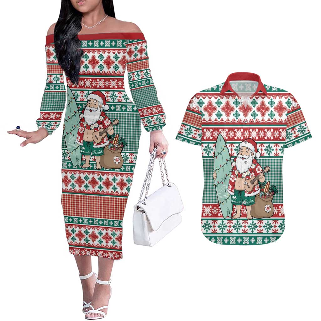 Hawaiian Funny Santa Surf Couples Matching Off The Shoulder Long Sleeve Dress and Hawaiian Shirt Mele Kalikimaka Palaka Quilt Pattern LT9 Green - Polynesian Pride