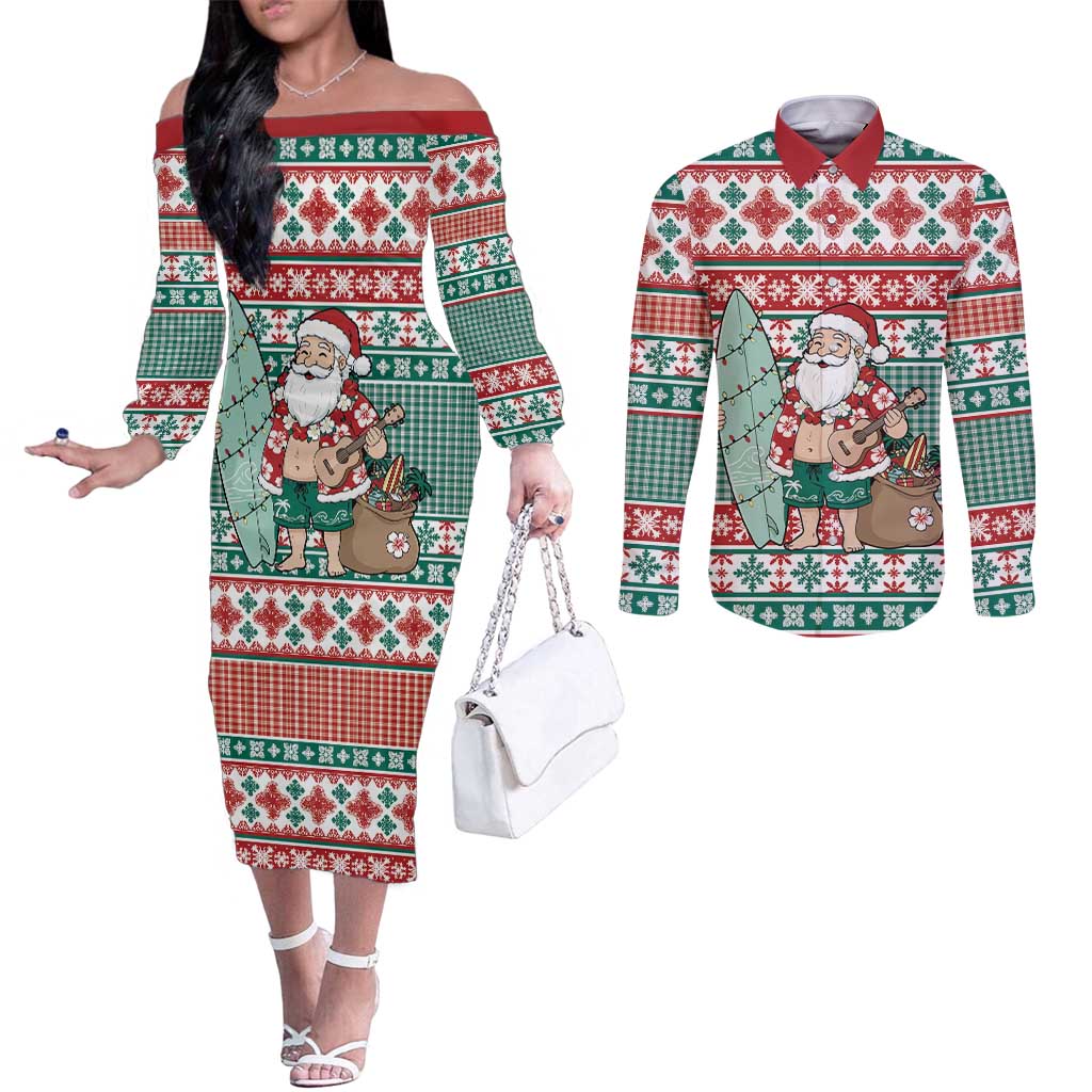Hawaiian Funny Santa Surf Couples Matching Off The Shoulder Long Sleeve Dress and Long Sleeve Button Shirt Mele Kalikimaka Palaka Quilt Pattern LT9 Green - Polynesian Pride
